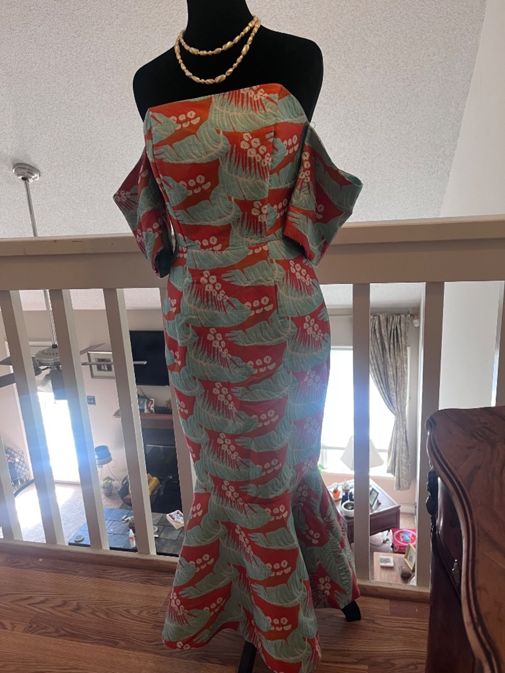 ASOS Tropical Leaf Jacquard Off Shoulder Mermaid Midi Dress Coral Turqoise Sz 4 - Picture 3 of 16